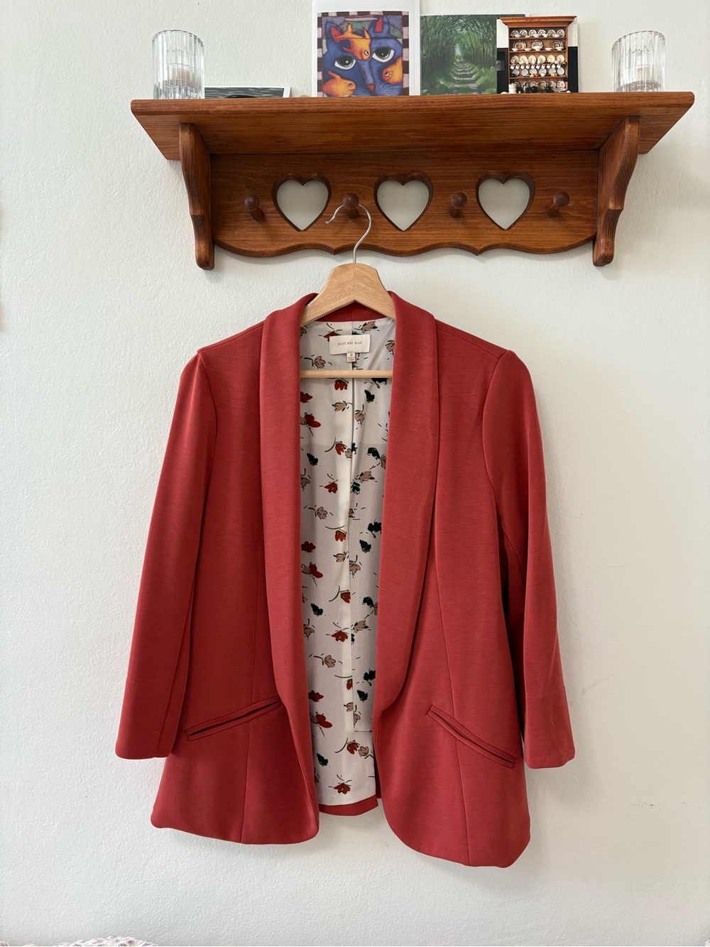 Skies Are Blue Brick Red Open-Front Blazer with Floral Lining